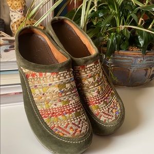 Dansko green suede Aztec tapestry clogs